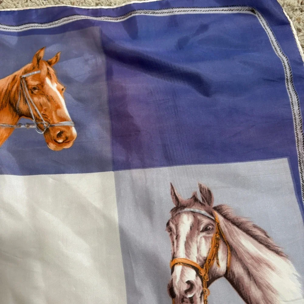 Vintage Horse Scarf Blue‎ White Plaid Equestrian Satin Square Neck Scarf Art SEE